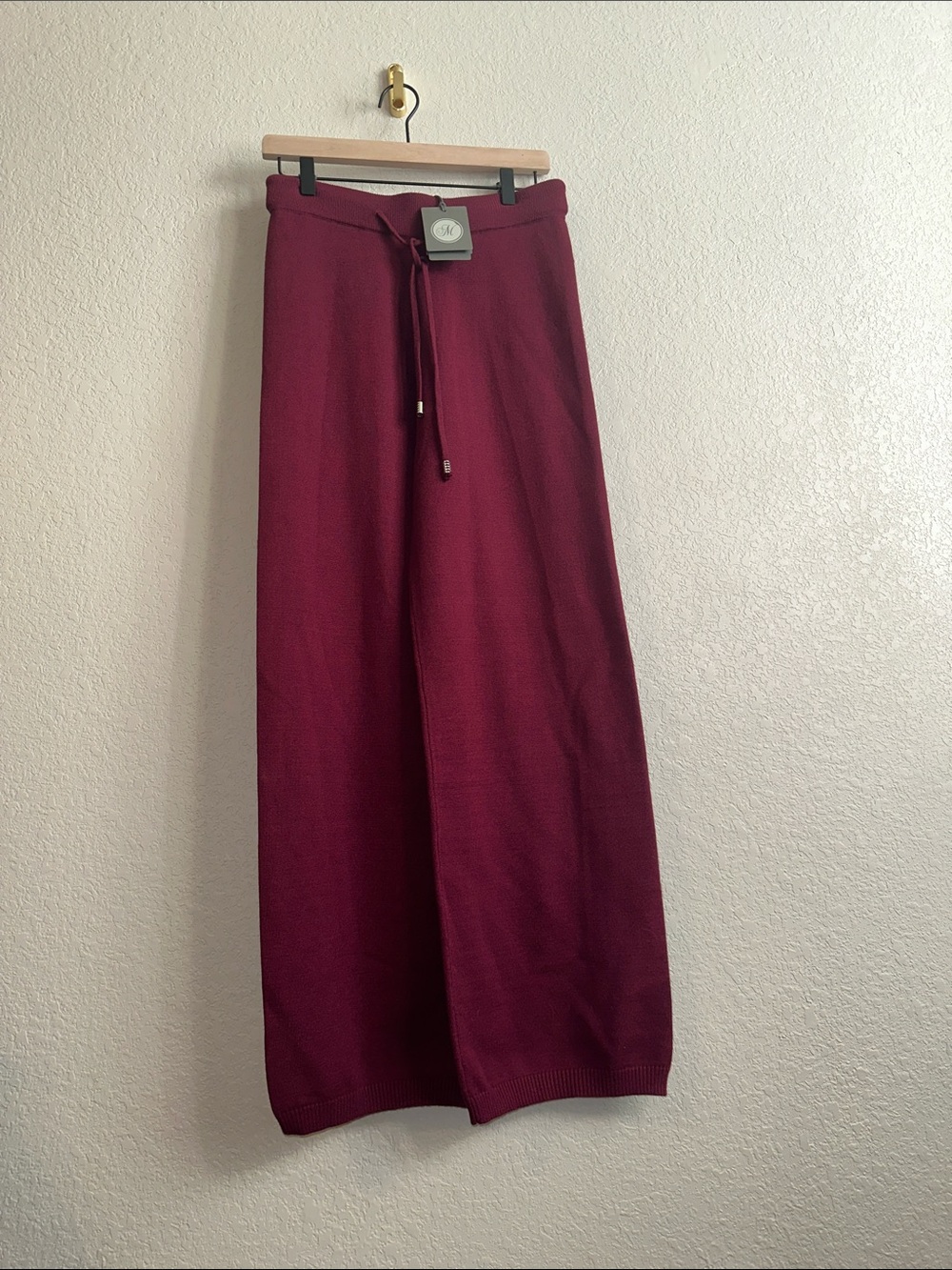 M Made in Italy Wine Red Cozy Knit Wide Leg Lounge Pants L NWT